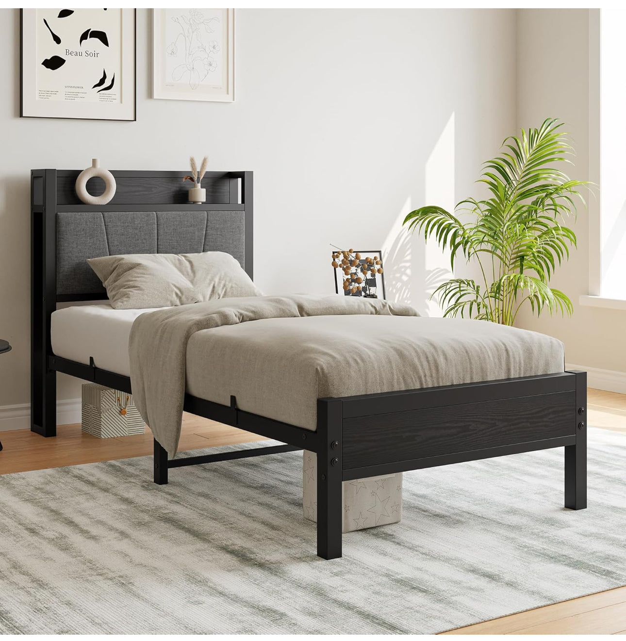 3ft Single Bed Frame with Storage Headboard