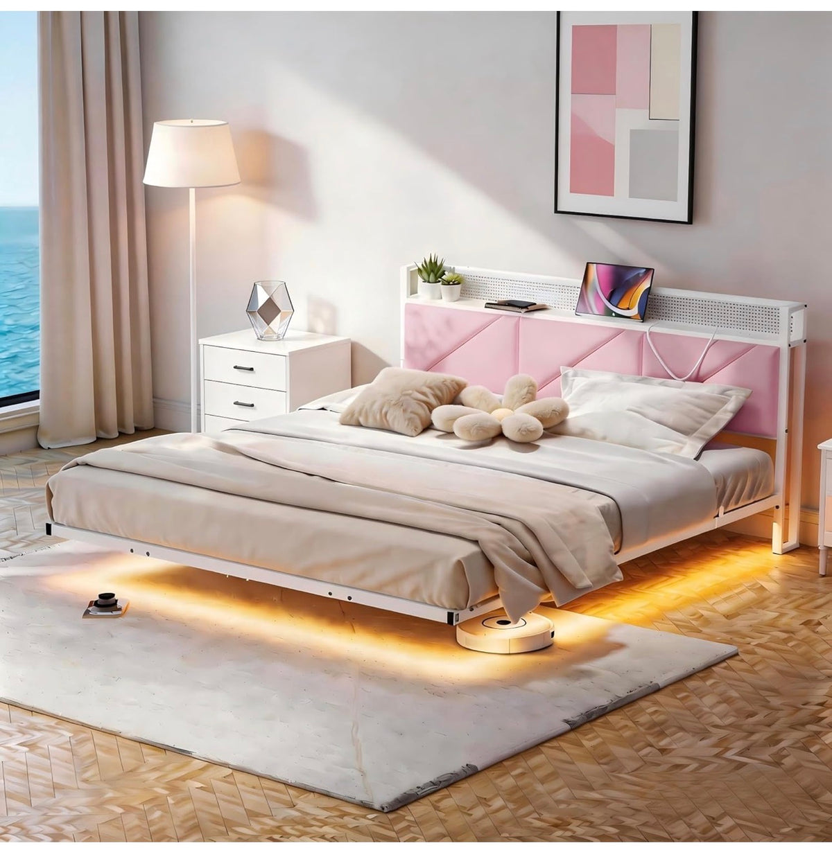 King Size Bed Frame with Floating Upholstered Storage Headboard,Pink
150x200cm Metal Bed Frame with LED Lights & USB Charging, 5ft King Platform Bed, Heavy Duty Metal Slats, Noise Free