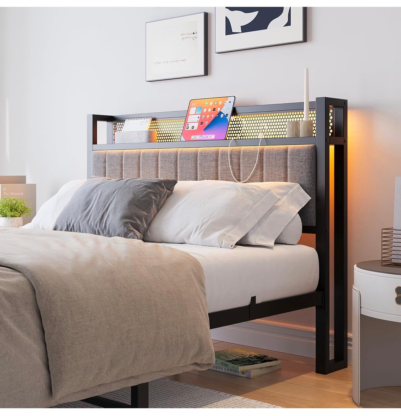 Single Bed Frame with Upholstered Headboard, Wooden Storage Headboard Shelf, 3ft Upholstered Bed Frame with Charging Station/USB Ports and LED Lights (Gray Single Bed)