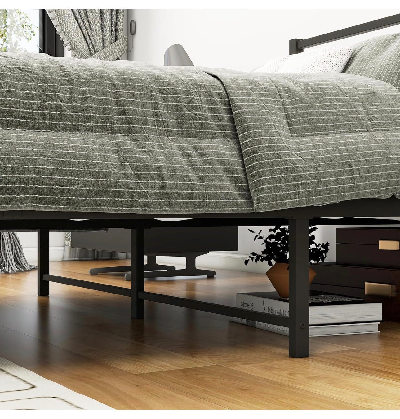 4ft6 Double Bed Frame with Headboard, Metal Slats Support Platform Bed Frames Double Bed with Storage Under Bed, Enhanced Support Stable Easy Assembly, Noise Free, No Box Spring Needed, Black