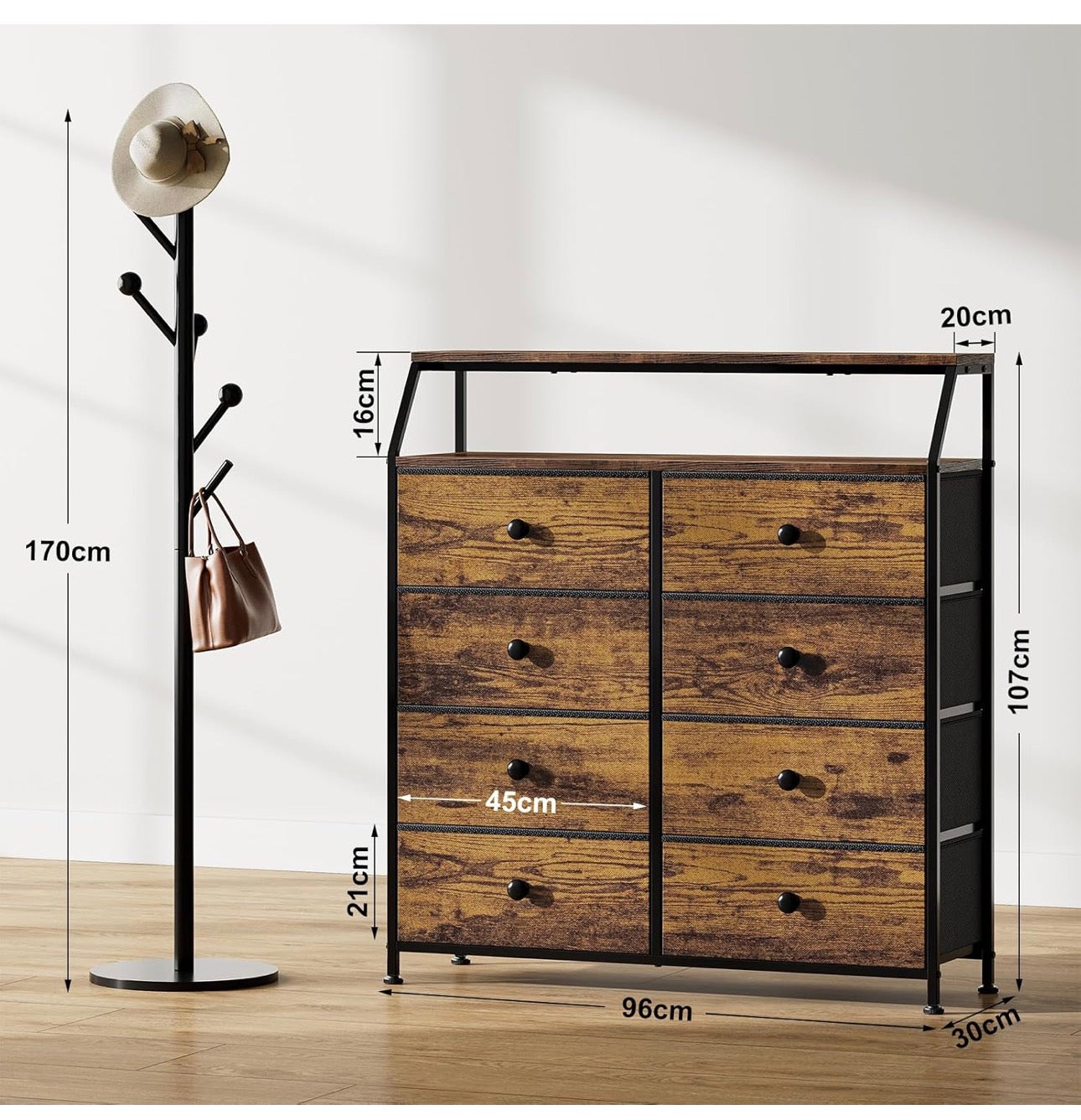 Chest of Drawers with 8 Drawers, Rustic Brown Dresser for Bedroom with Shelf and 2Pcs Wooden Top, Large Storage Organizer Unit for Closet, Living Room, Entryway