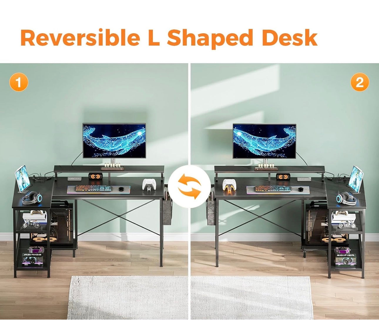 L Shaped Gaming Desk with LED Lights, 120 × 80 cm Computer Desk with Power Outlet, Reversible Corner Gaming Table with Storage Shelves & Monitor Stand, Black