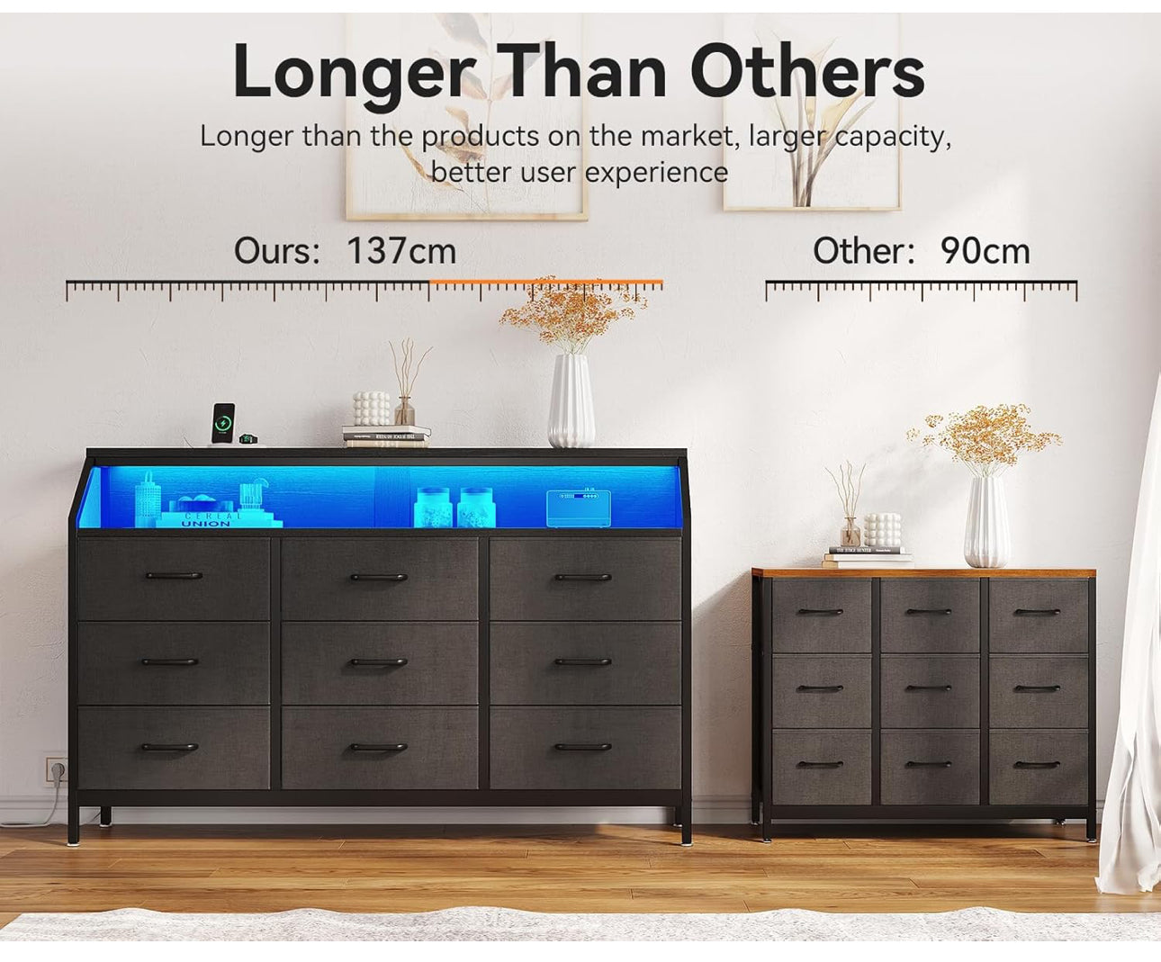 Black Chest of Drawers Bedroom with 9 Fabric Drawers, Storage Dresser with 2 Sockets 2 USB Ports and LED Light
