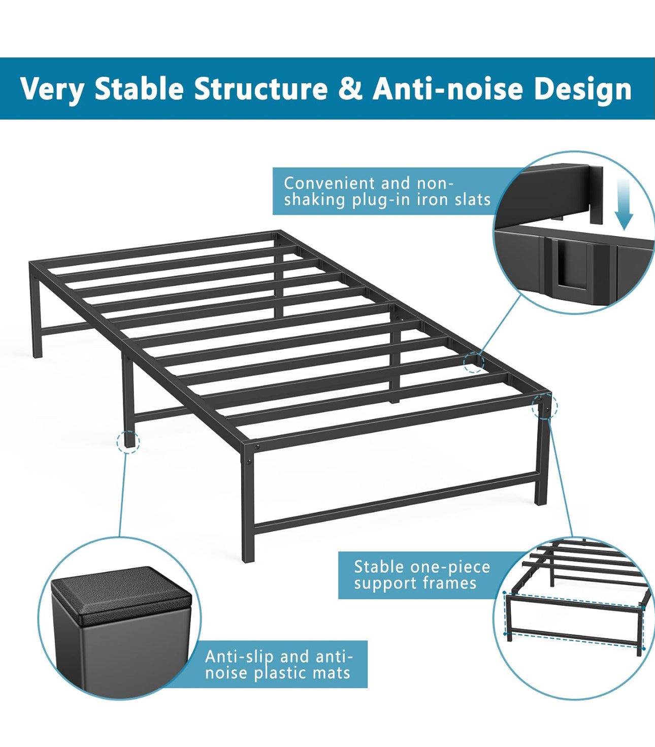 3ft Single Bed Heavy Duty Steel Slats Single Metal