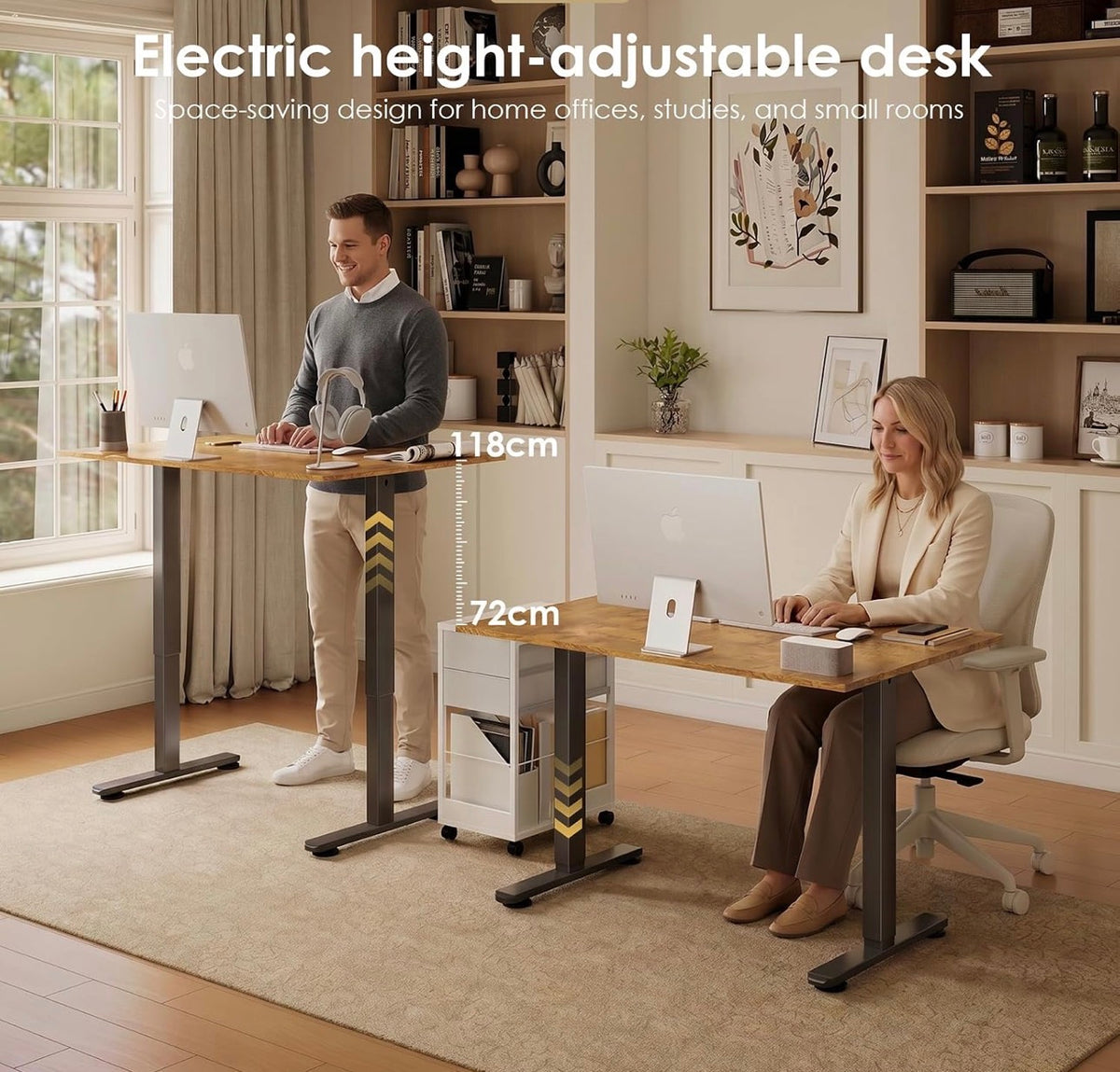 140×70cm Electric Sit Stand Desk, Ergonomic Wrap Around Computer Table, Ultra Quiet Motor for Home Office Living Room, Brown