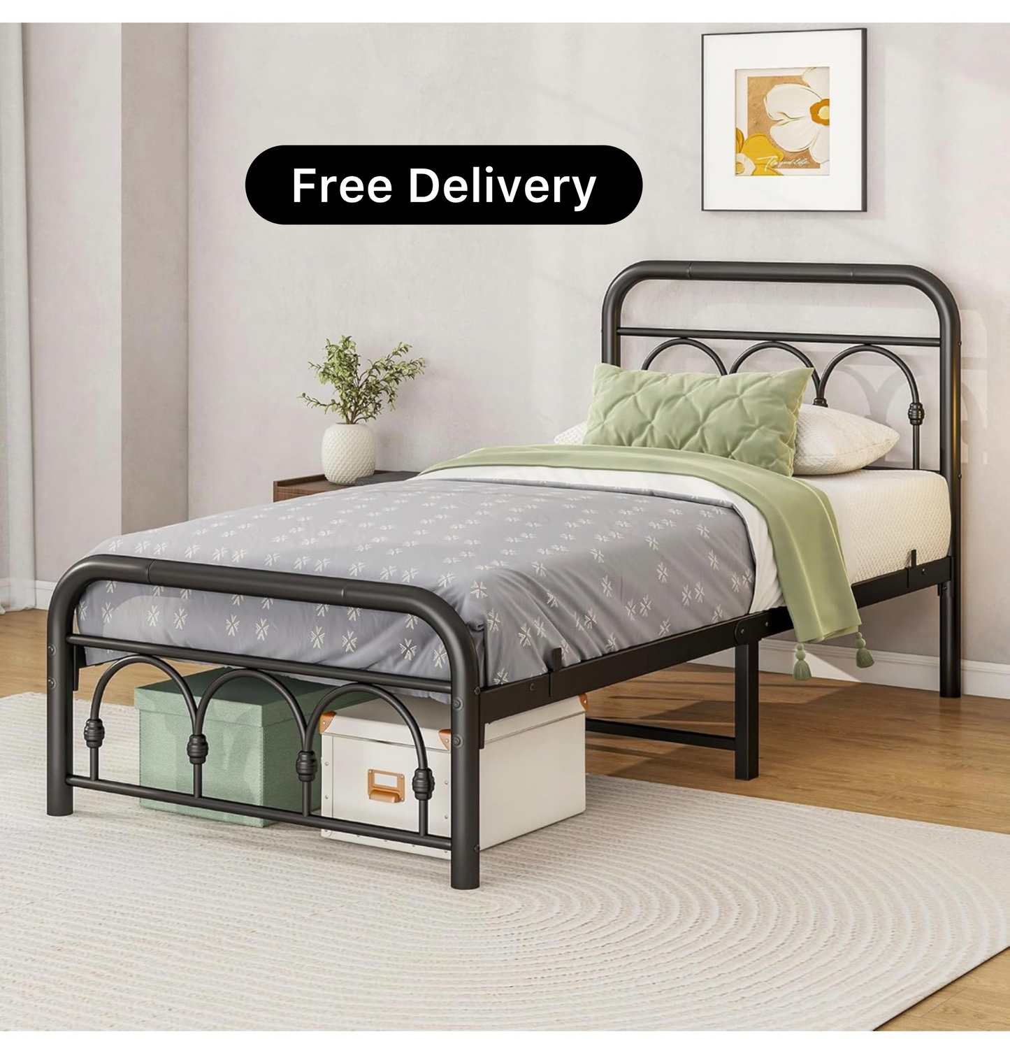 3ft Single Bed Frame with Headboard(90x190cm),Metal Single