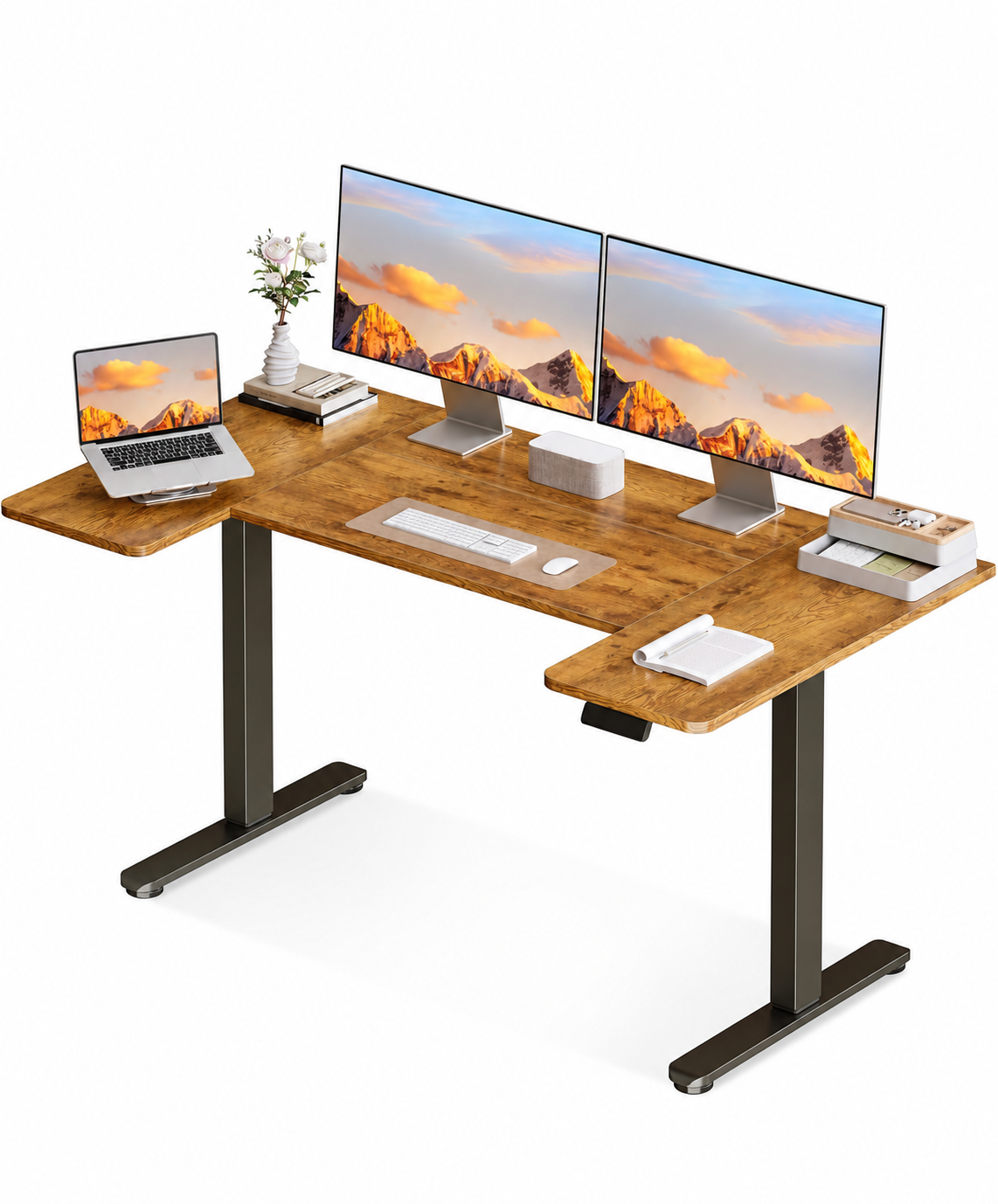 140×70cm Electric Sit Stand Desk, Ergonomic Wrap Around Computer Table, Ultra Quiet Motor for Home Office Living Room, Brown