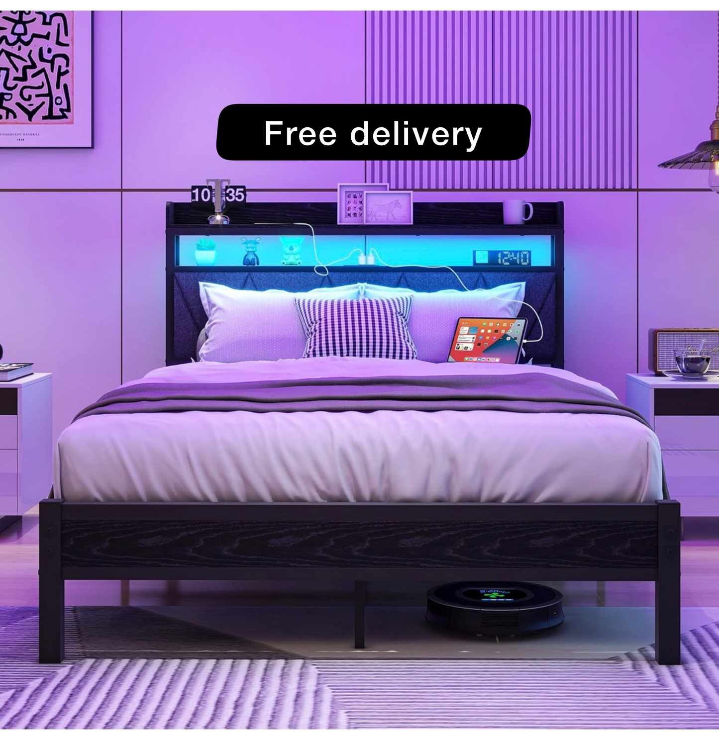4ft6 Double Size Bed Frame with LED Lighta