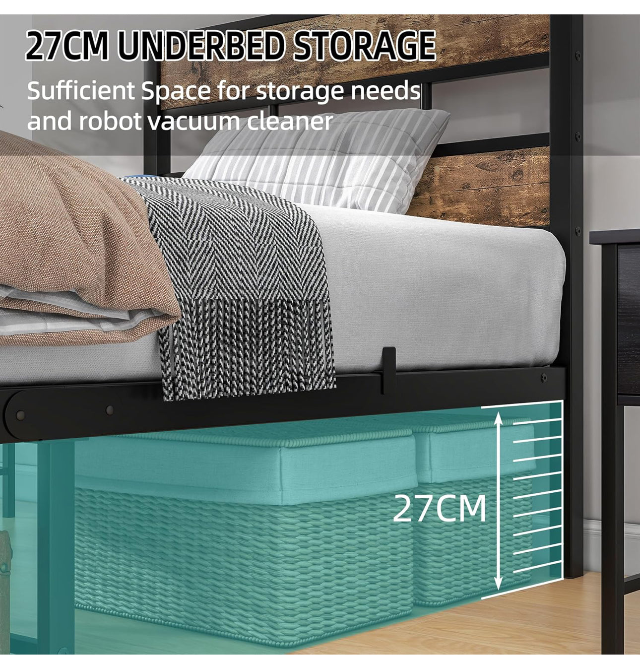Single Bed Frame with Storage, Metal Bed Frame