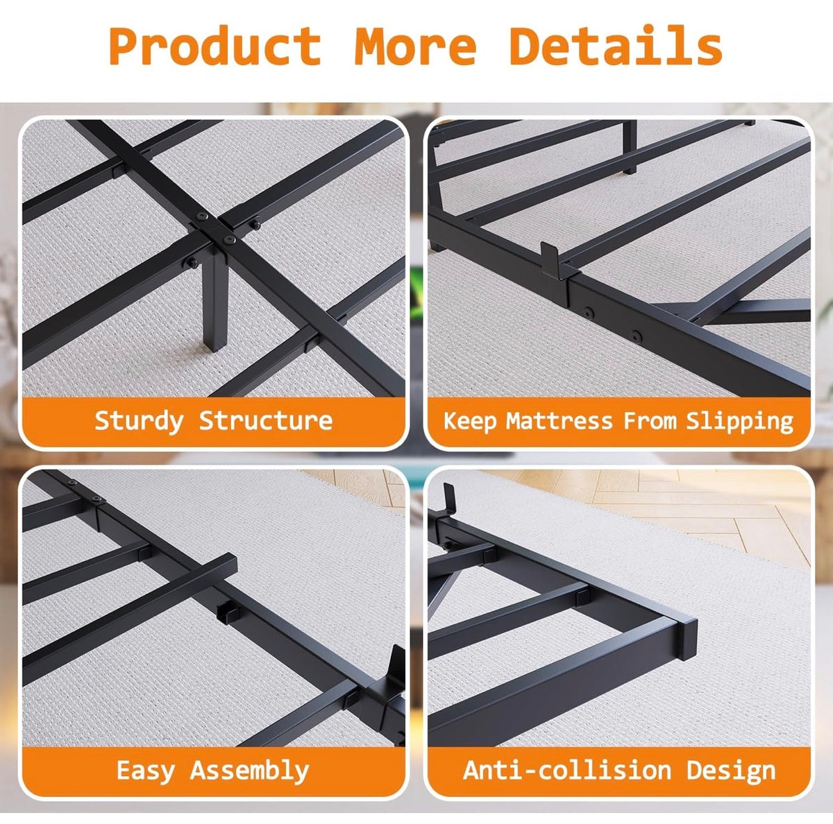 Floating Double Bed Frame with Upholstered Headboard Storage, Black
135x190cm Metal Bed Frame with LED Lights & USB Charging Station, 4ft6 Platform Bed, Heavy Duty Metal Slats, Noise Free