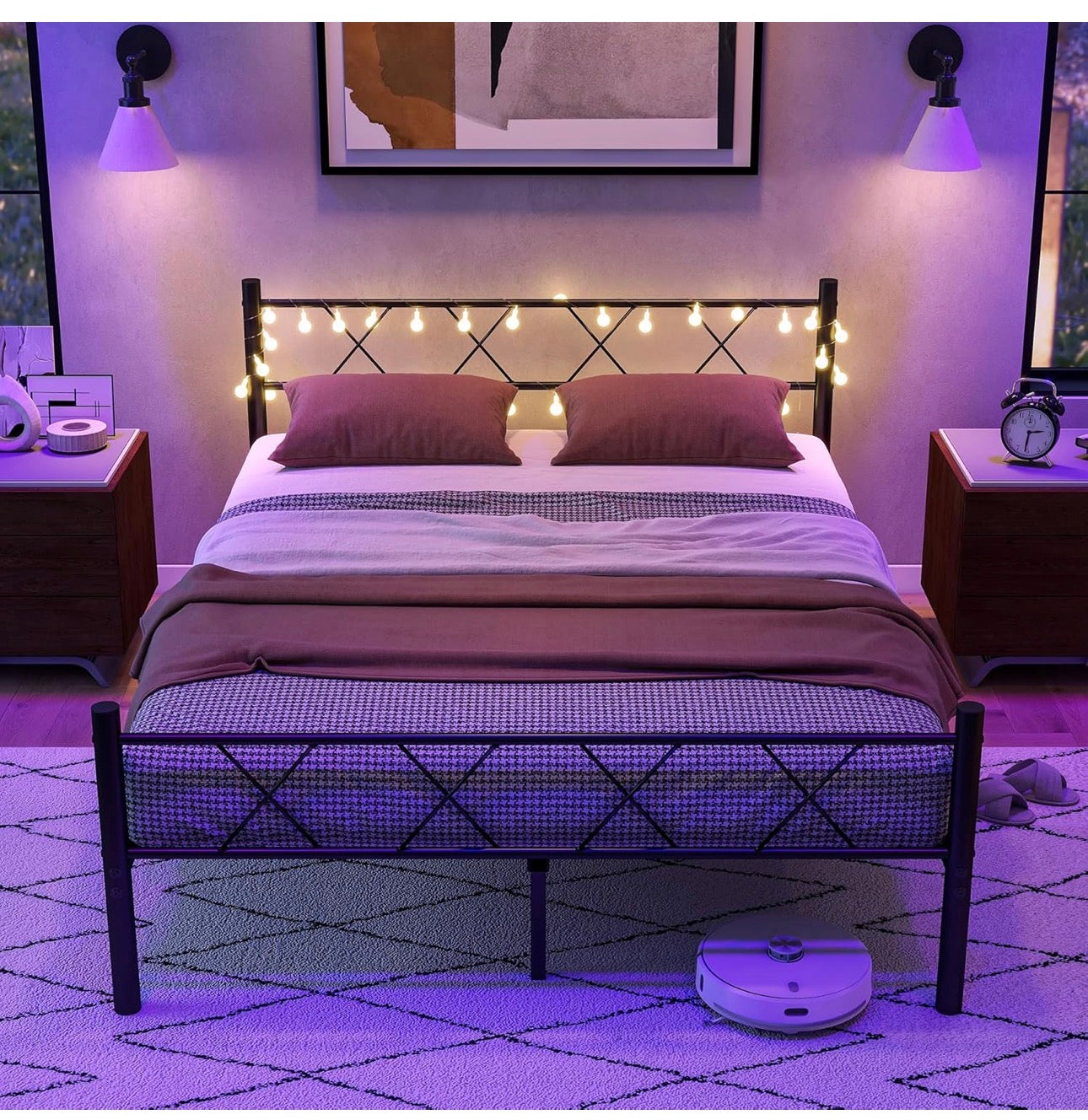 King Size Bed Frame with Headboard & lights,5ft Me