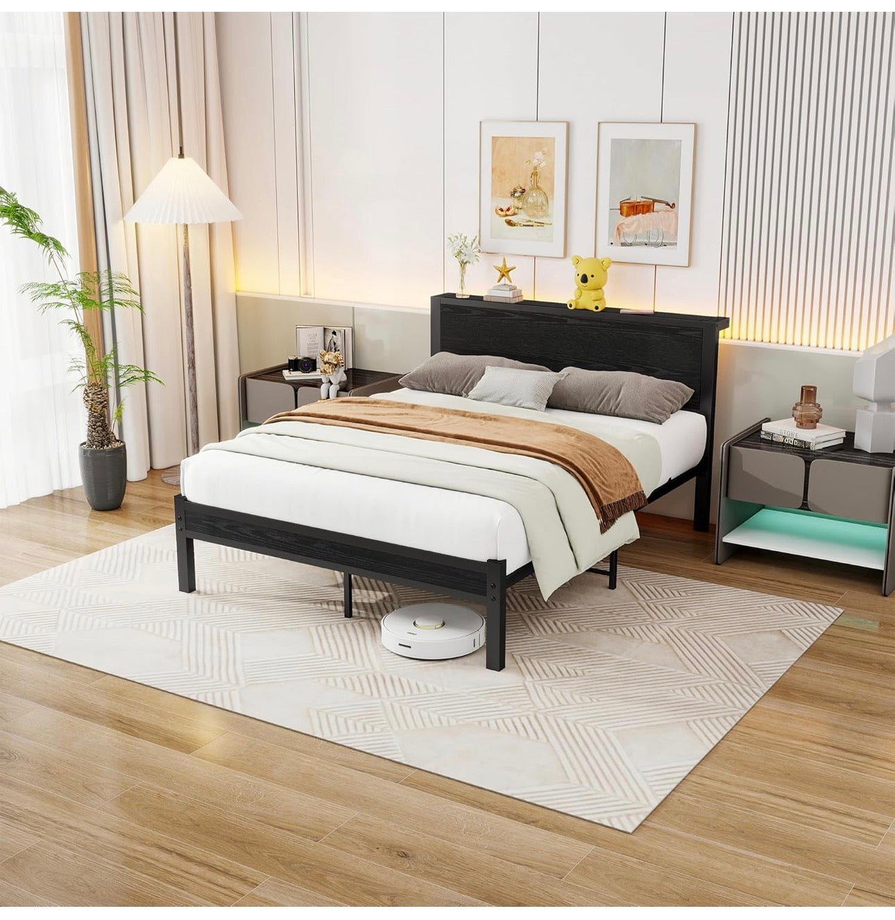 Double Bed Frame Metal Platform Bed Frame with Wood Headboard