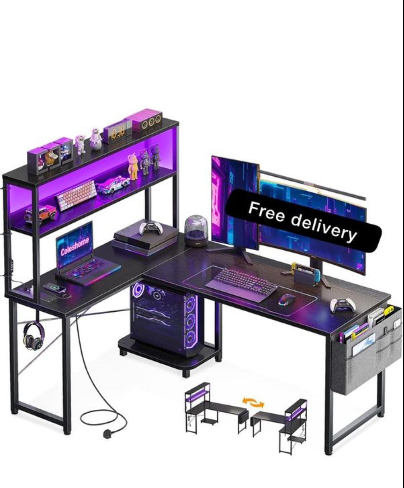 L Shaped Gaming Desk with LED Lights & Power Outlet, 135 × 100 cm