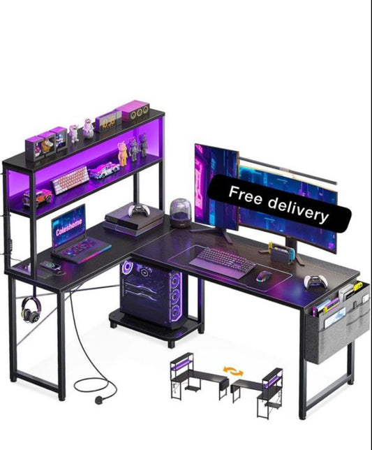 L Shaped Gaming Desk with LED Lights & Power Outlet, 135 × 100 cm