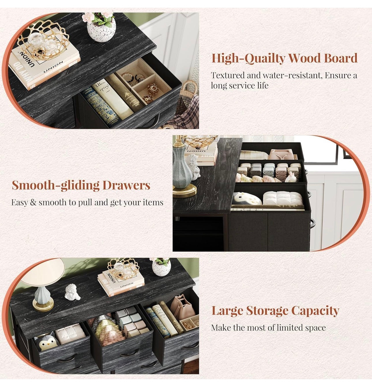 Chest of Drawers,Dresser for Bedroom with 9 Drawers,Fabric Dresser with Wood Top and Handles Metal Frame, Easy to Assemble, for Bedroom, Living room, Charcoal Black