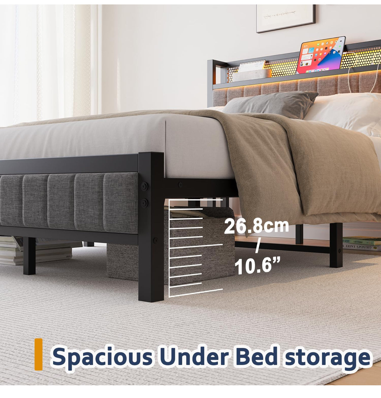 Upholstered Bed Frame Double Bed with Charging Station