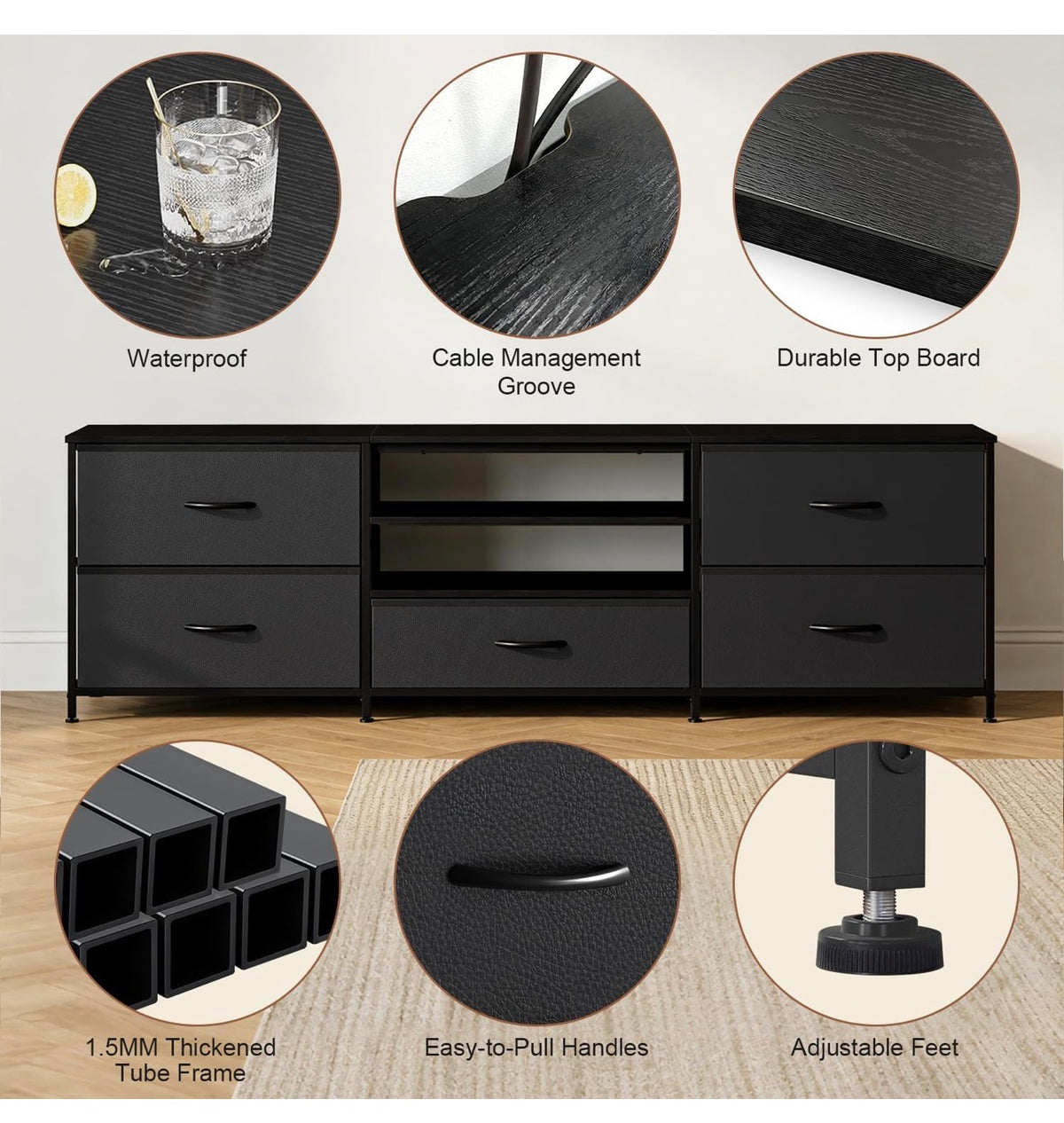 TV Stand Cabinet, TV Unit with 5 Drawers, 140 cm, All Black
TV Console Table with Storage Organizers, Entertainment Center with Open Shelf for Living Room, Bedroom