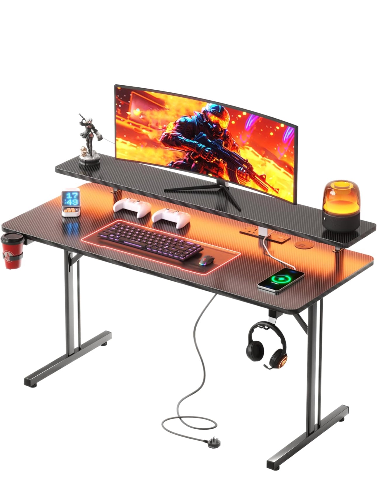 Gaming Desk with LED & Power Outlets, 100 x 50 cm