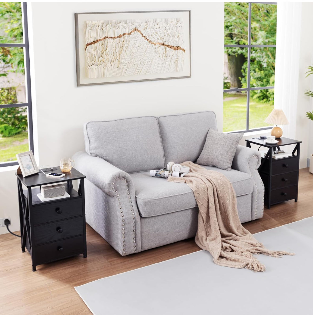 Bedside Table Set of 2 with Charging Station Black