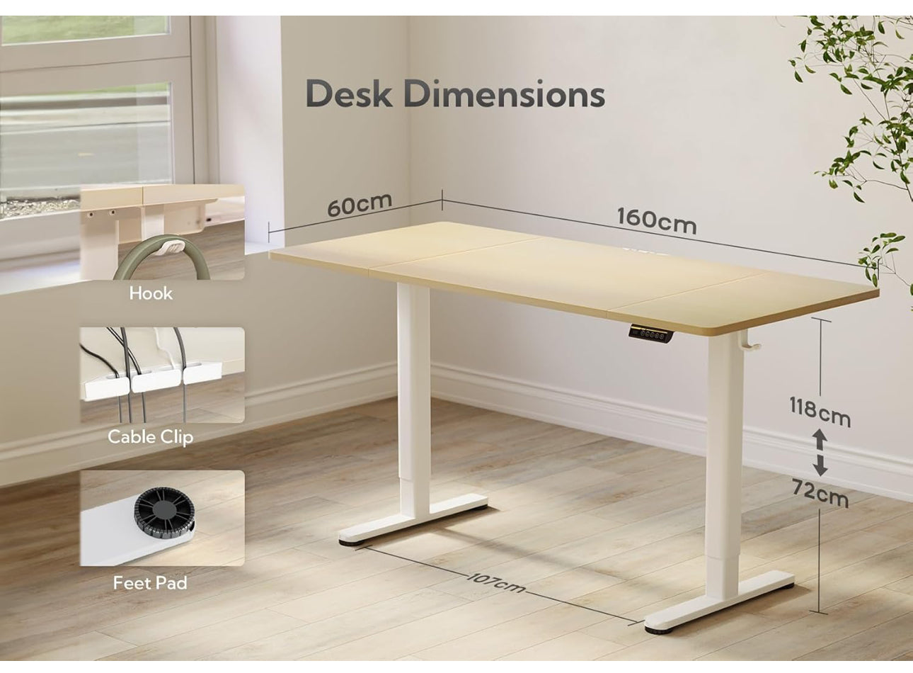 Electric Standing Desk, Adjustable Height Stand up Desk, 160x60 cm