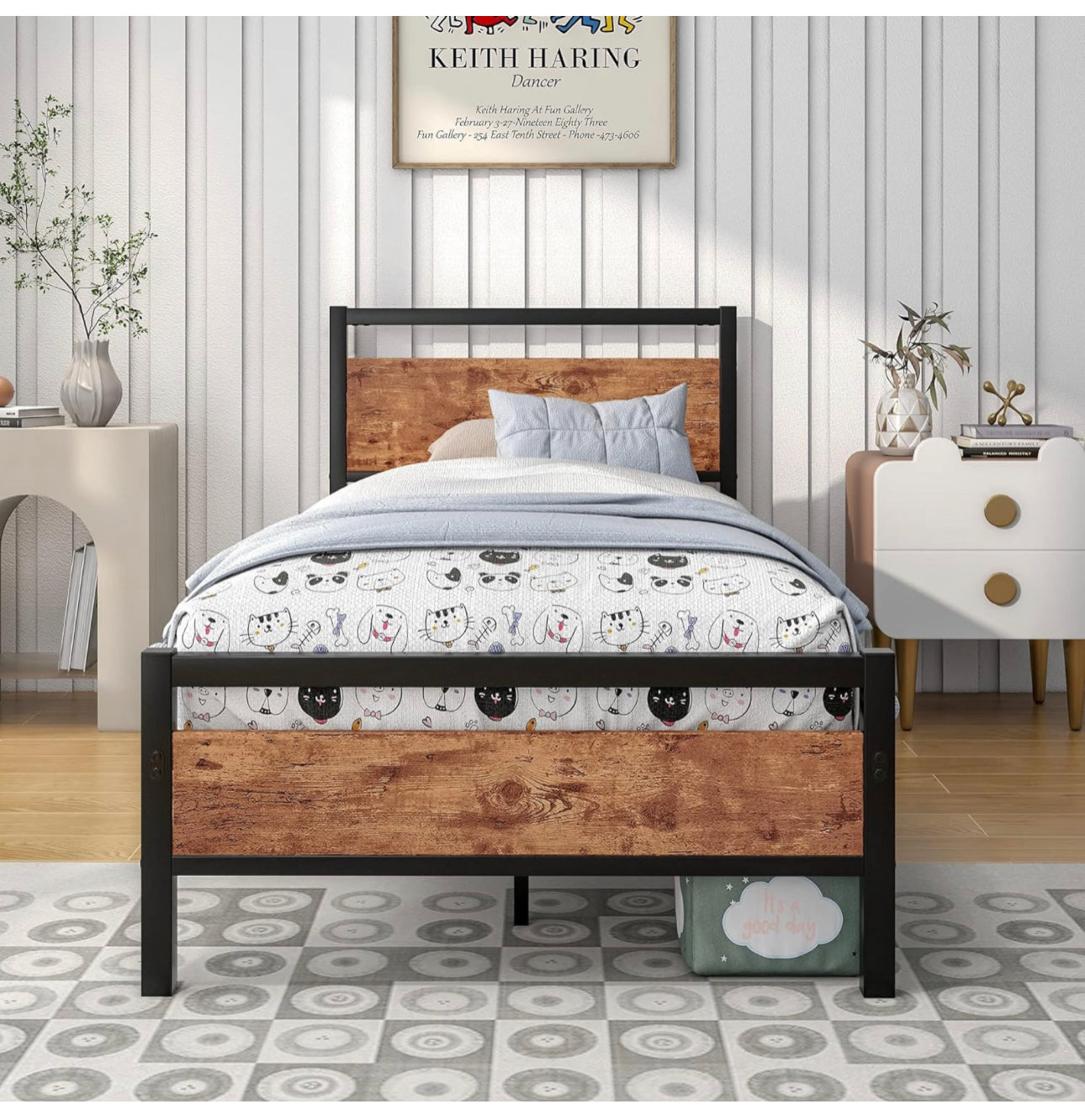 Black Metal Bed Frame Single with Wood Headboard,