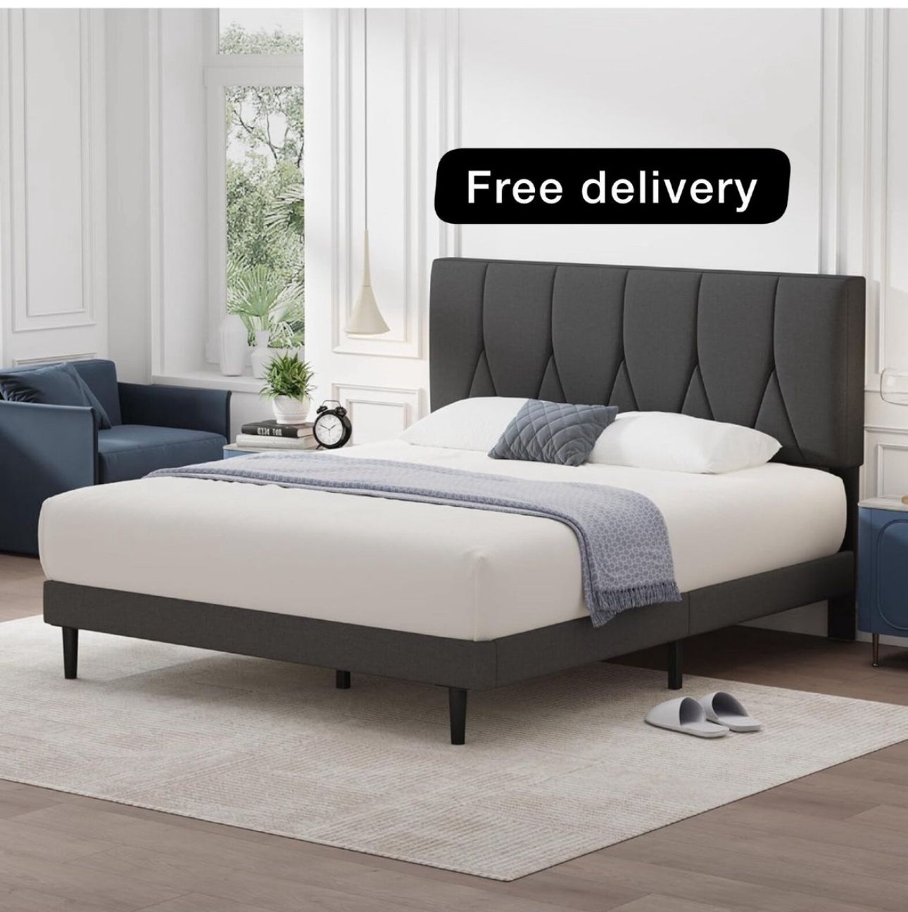 Single Bed Frame, Dark Grey, Upholstered