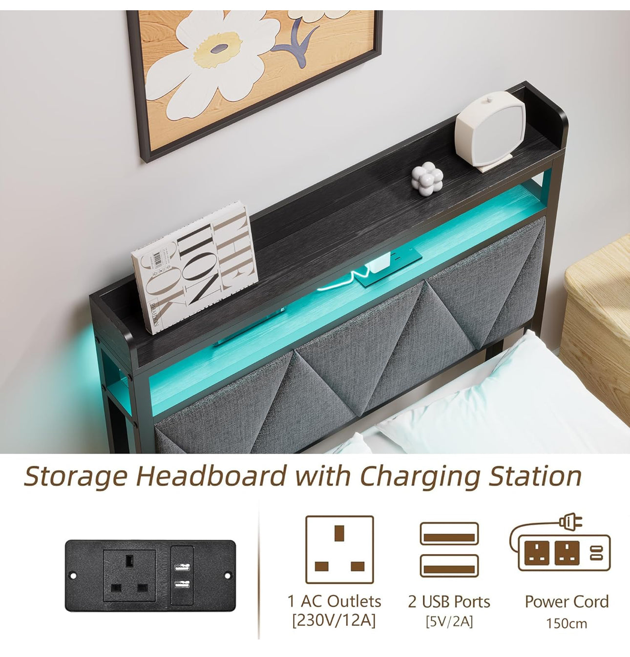 Single Bed Frames with 3ft Upholstered Wooden Two shelf Storage Headboard, Charging Station,LED Lights