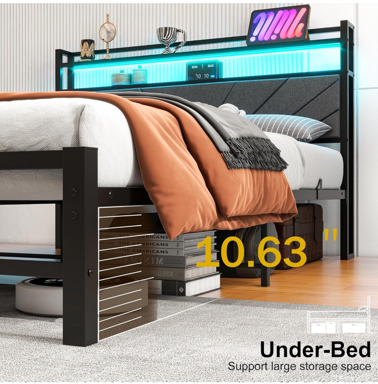 King Size Bed Frame with LED Lights Storage