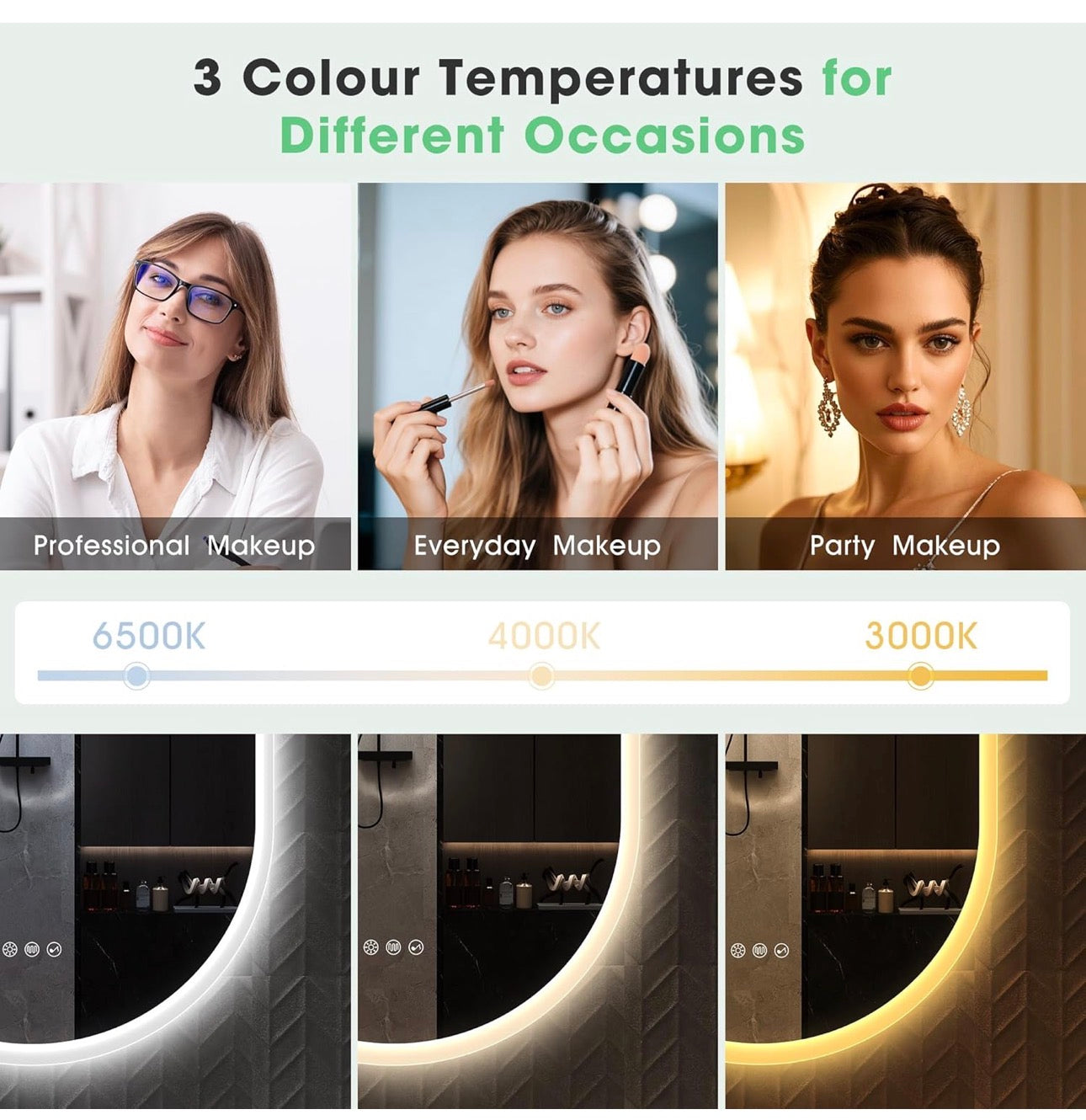Oval Bluetooth Bathroom Mirror with LED Lights 500x800mm, Anti-Fog, LED Bathroom Mirror with Memory, 3000K-6500K, Dimmable, HD Tempered Glass, IP44 Waterproof, Horizontal or Vertical
