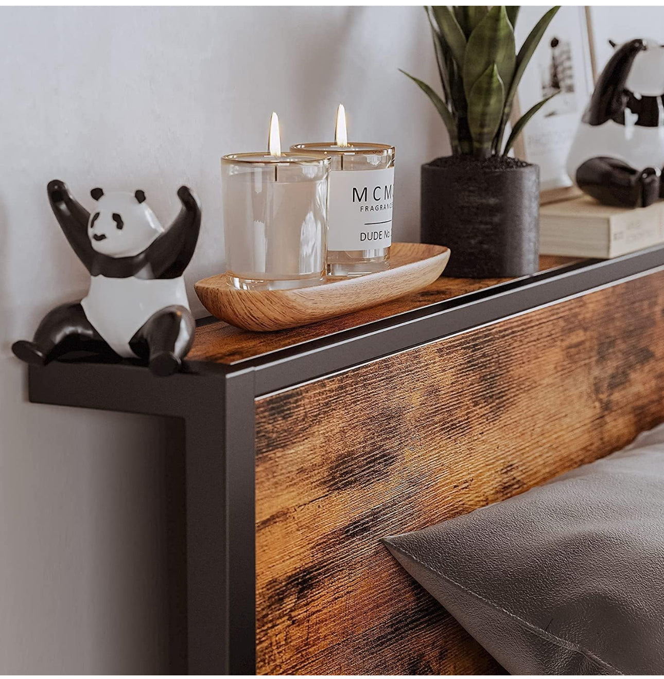 Bed Frame with Wooden Storage Shelf Headboard, Metal Platform Bed Frame Double