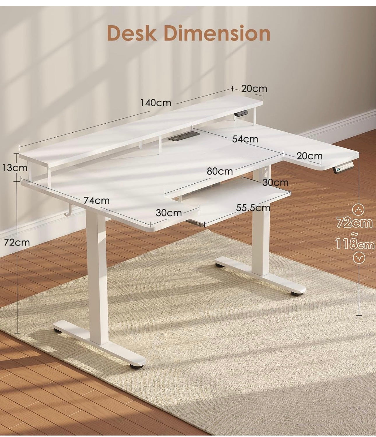 Standing Desk, 140cm U Shaped Height Adjustable Desk