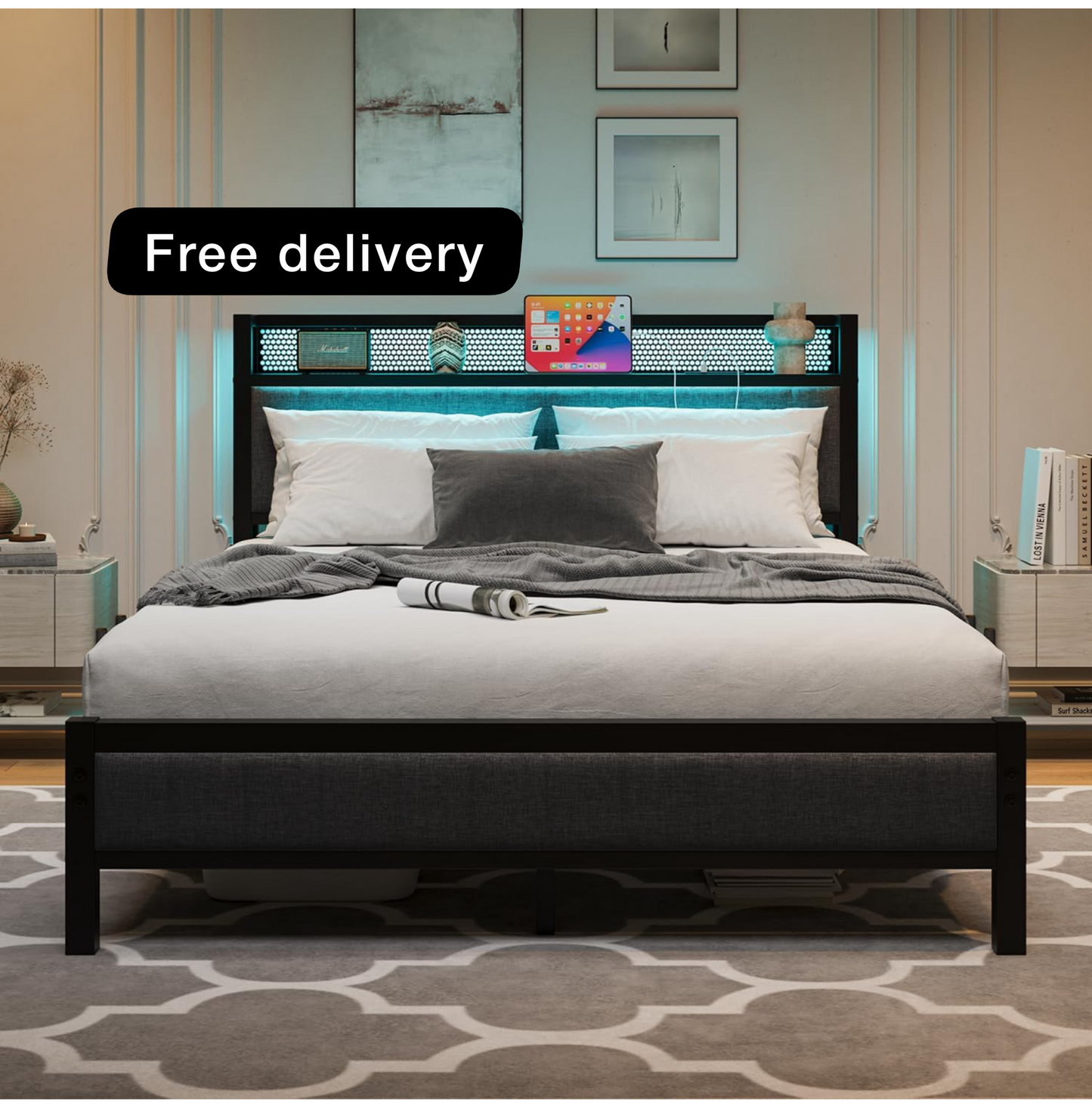 4ft6 Upholstered Bed Frame Double Bed with Charging Station
