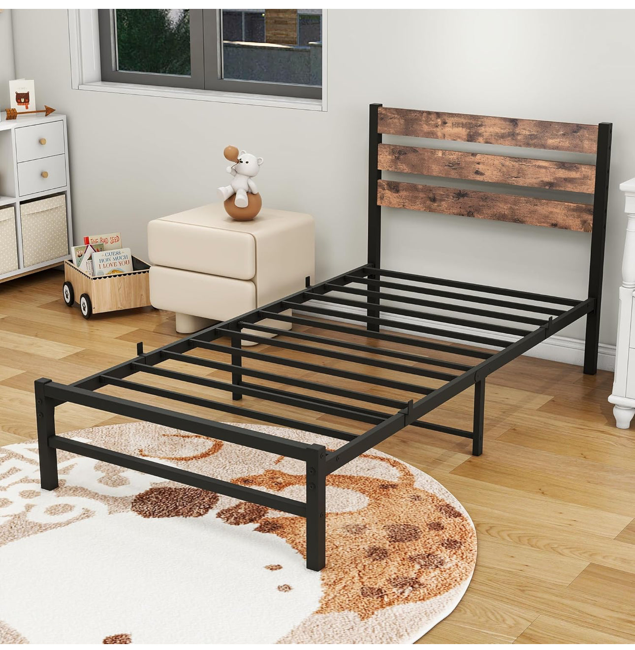 Single Bed Frame Heavy Duty Metal Platform Bed Frame, Black Brown