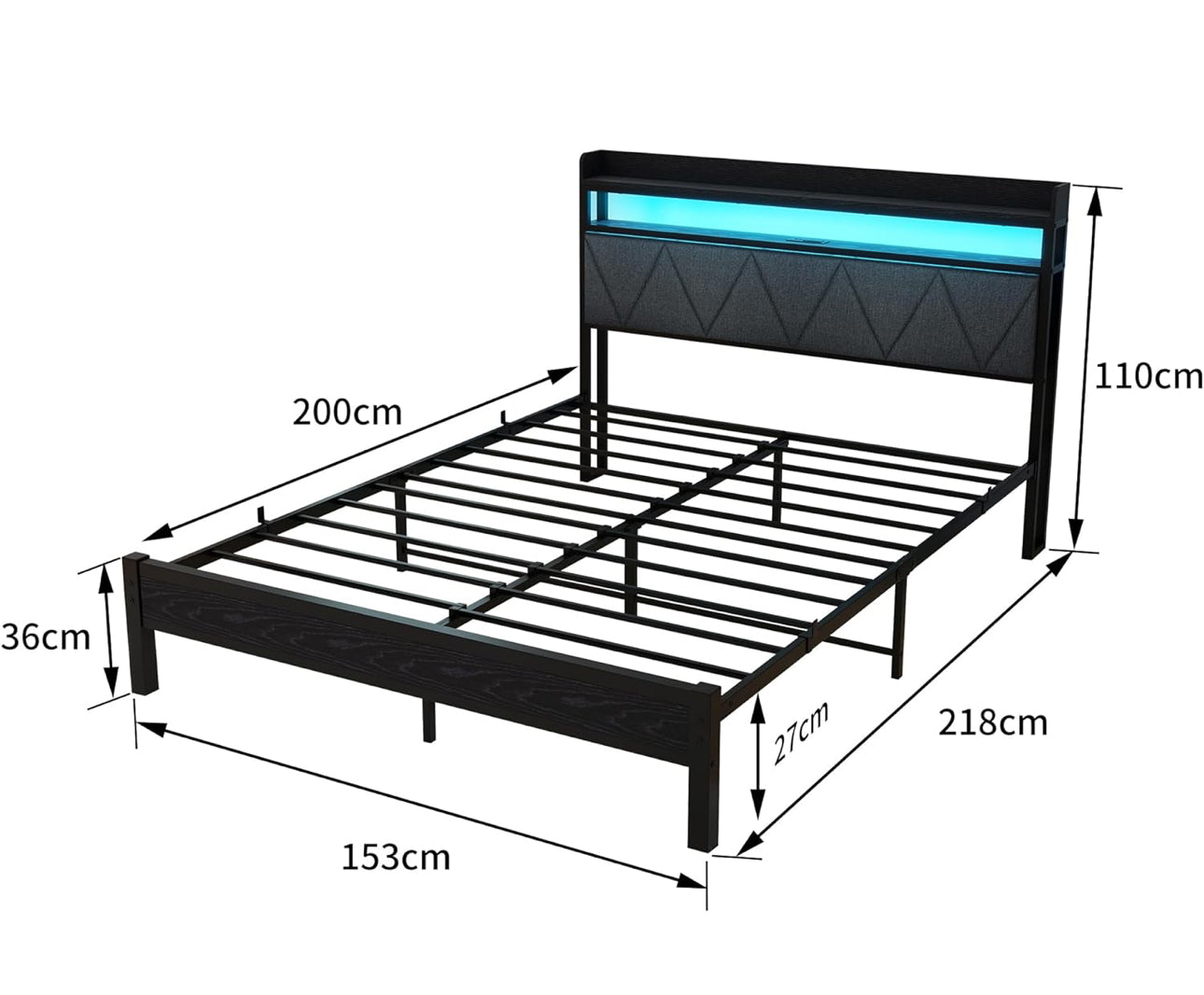 King Bed Frames with 5ft Upholstered Wooden Two-shelf Storage Headboard, Charging Station,LED Lights