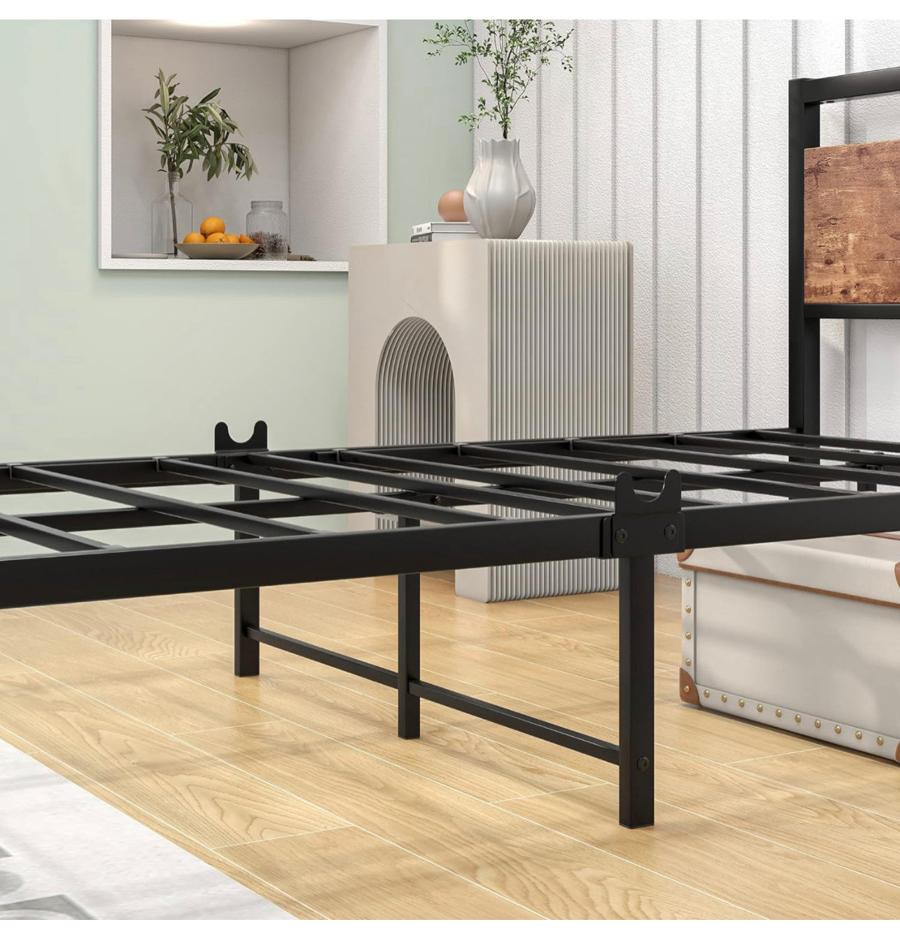 Black Metal Bed Frame Single with Wood Headboard,