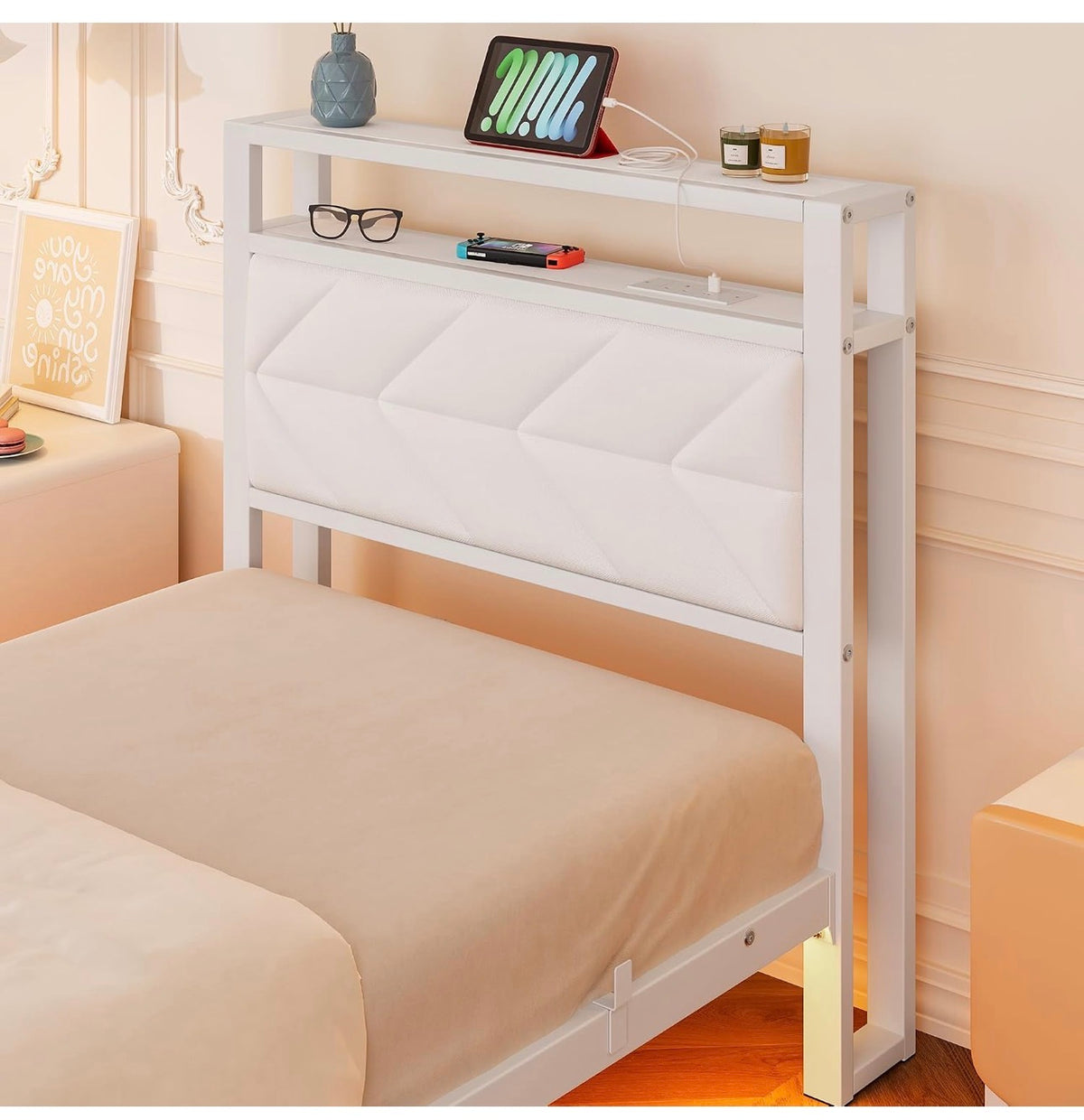 Metal Bed Frame with LED Lights and Charging Station, Heavy Duty Metal Slat Support, Noise Free, No Box Spring Needed