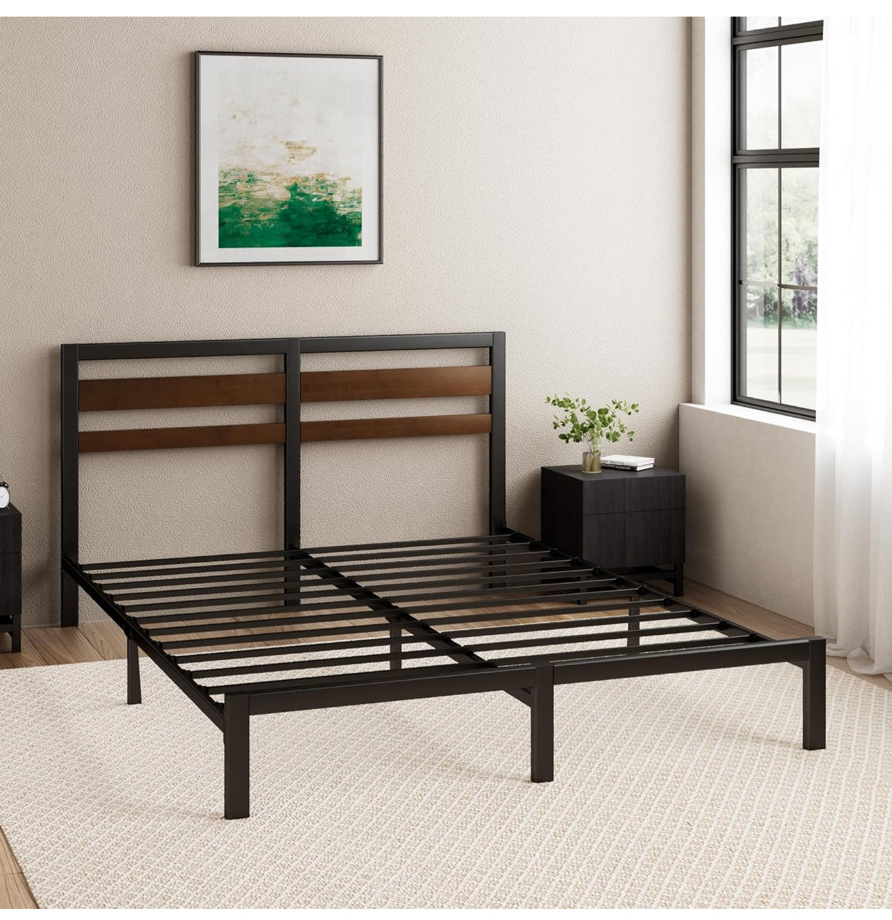 Double Bed Frame with Headboard (135 x 190 cm) – Bamboo and Metal Bed Frame with Steel Slat Support, Easy Assembly – Black & Brown