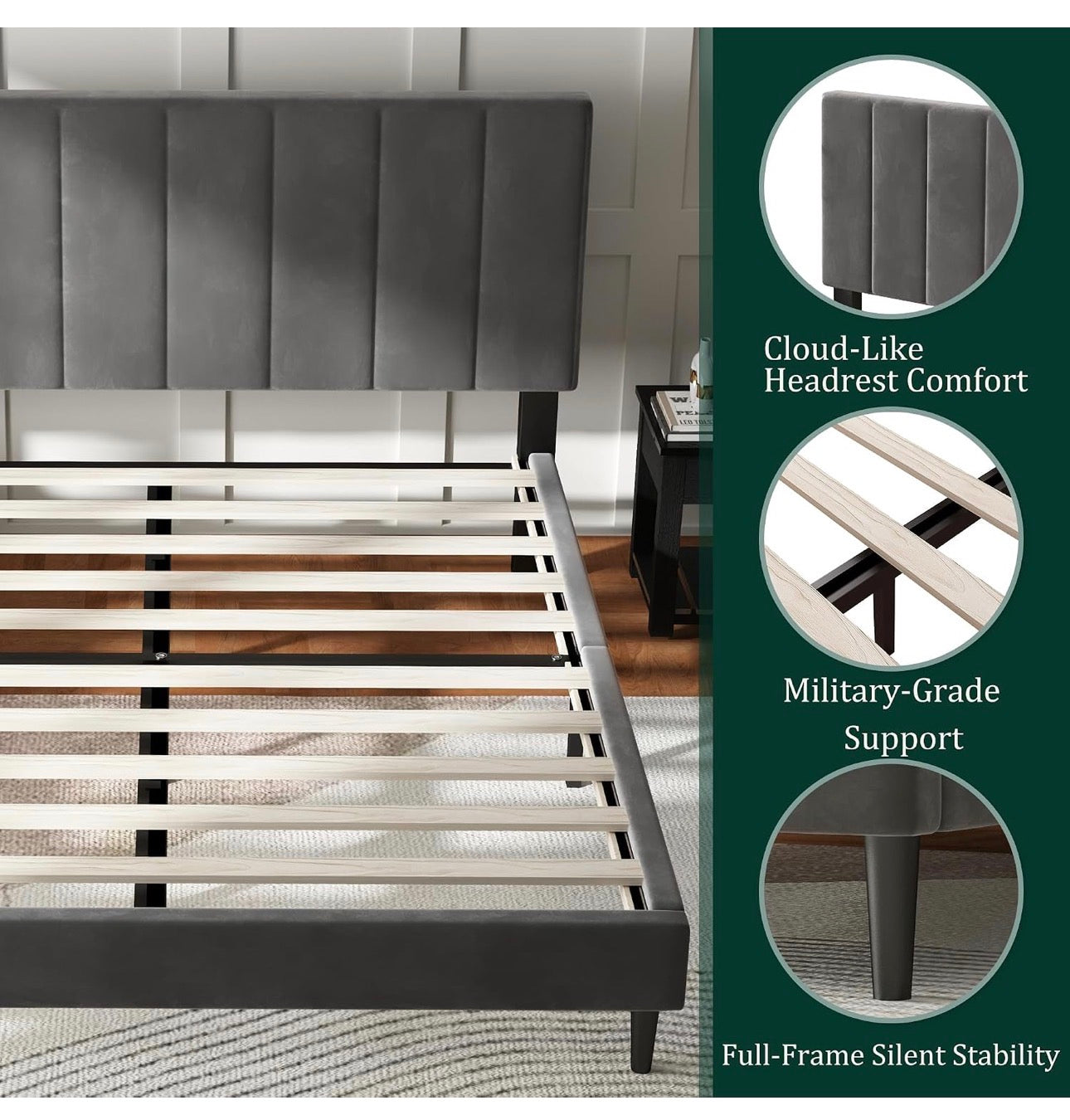 4ft Small Double Bed Frame with Velvet Upholstered Headboard, Grey
Upholstered, Solid slats Support, No Box Spring Needed, Easy Assembly,Underbed Storage,ideal for bedrooms, apartments