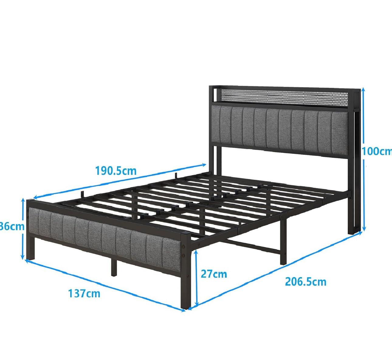 Double Bed Frame with Wooden Storage Headboard Shelf