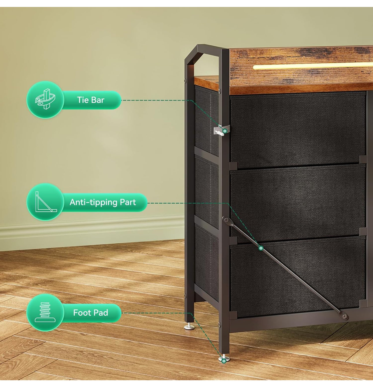Chest of Drawers Bedroom, with LED Light trip with 10 Adjustable Colors and 2 USB and 2 AC Outlets