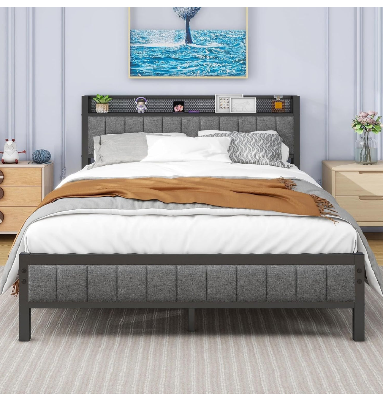 Double Bed Frame with Wooden Storage Headboard