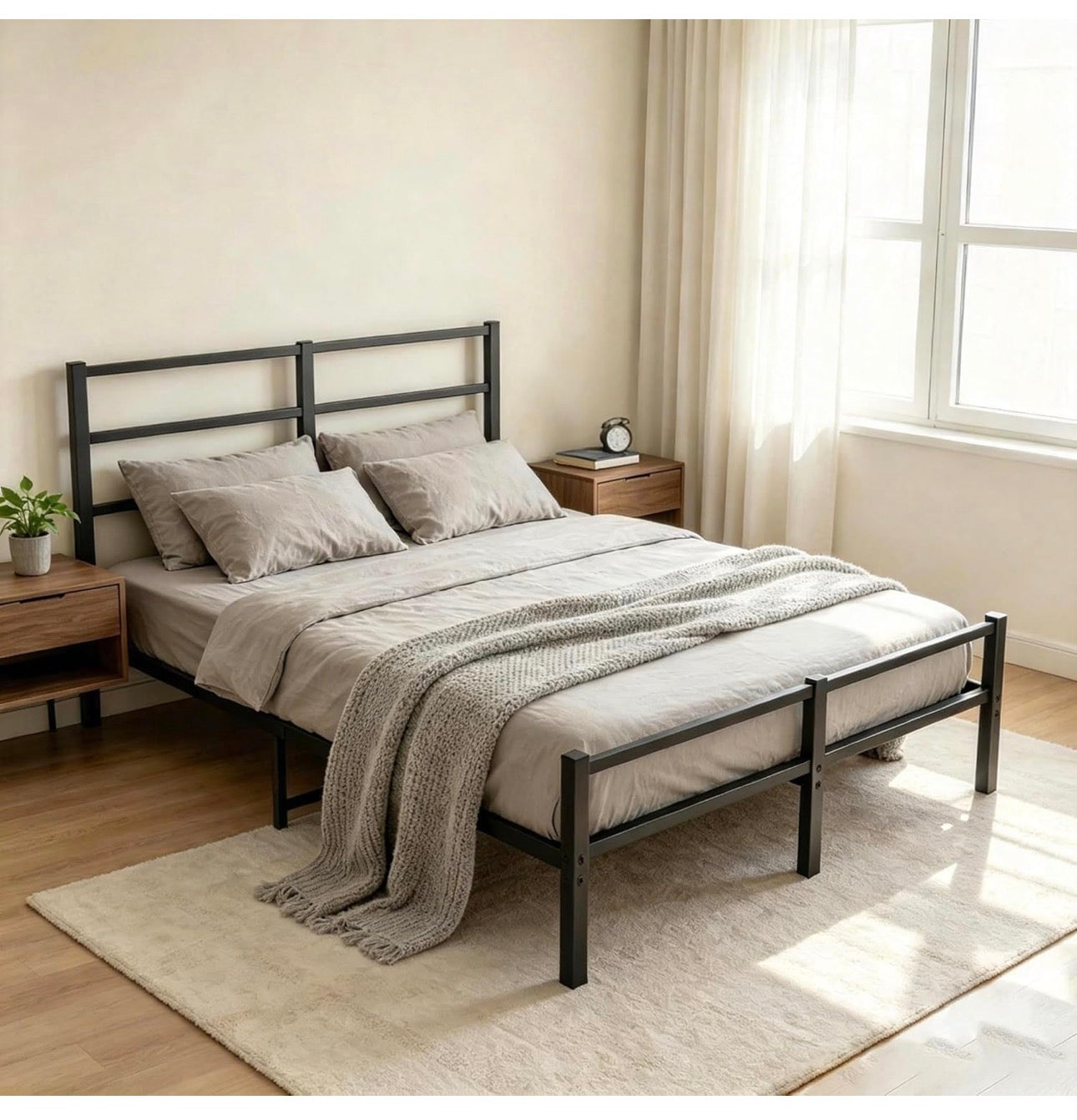 4ft6 Double Bed Frame with Headboard, Metal Slats Support Platform Bed Frames Double Bed with Storage Under Bed, Enhanced Support Stable Easy Assembly, Noise Free, No Box Spring Needed, Black