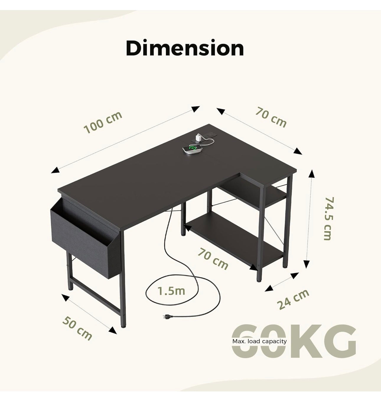 L Shaped Desk with Power Outlets,100 cm L Computer Corner Desks with Reversible Shelves