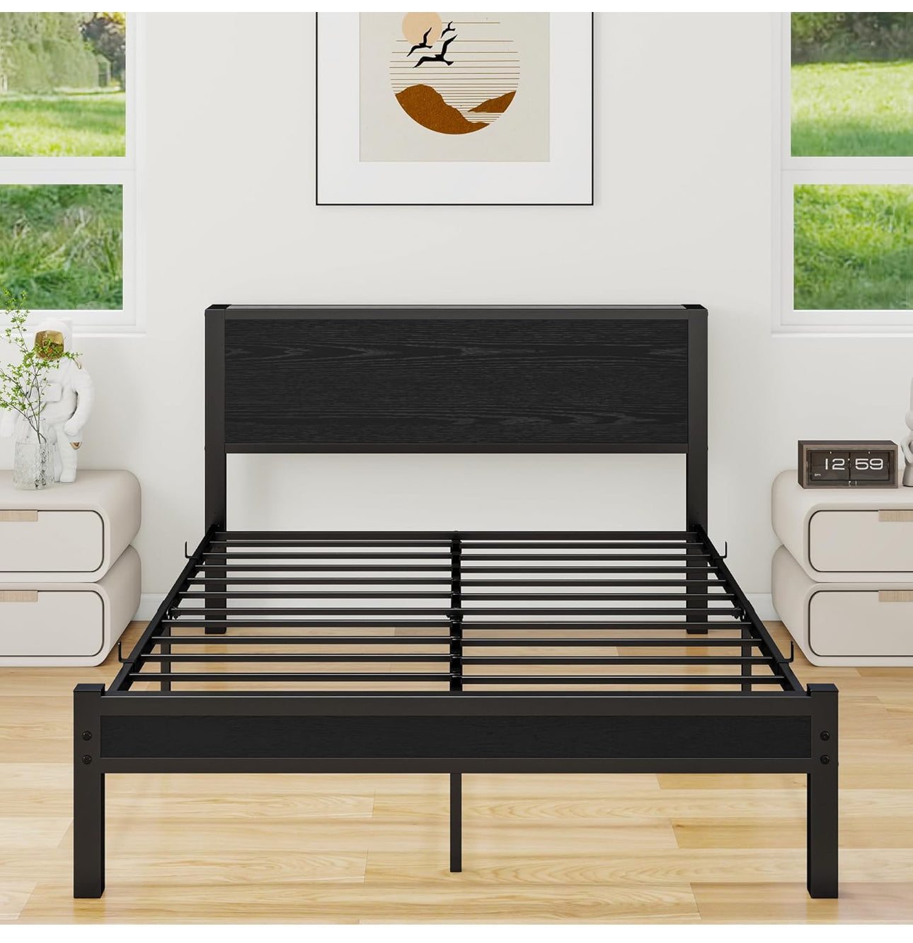Double Bed Frame with Wooden Storage Shelf Headboard