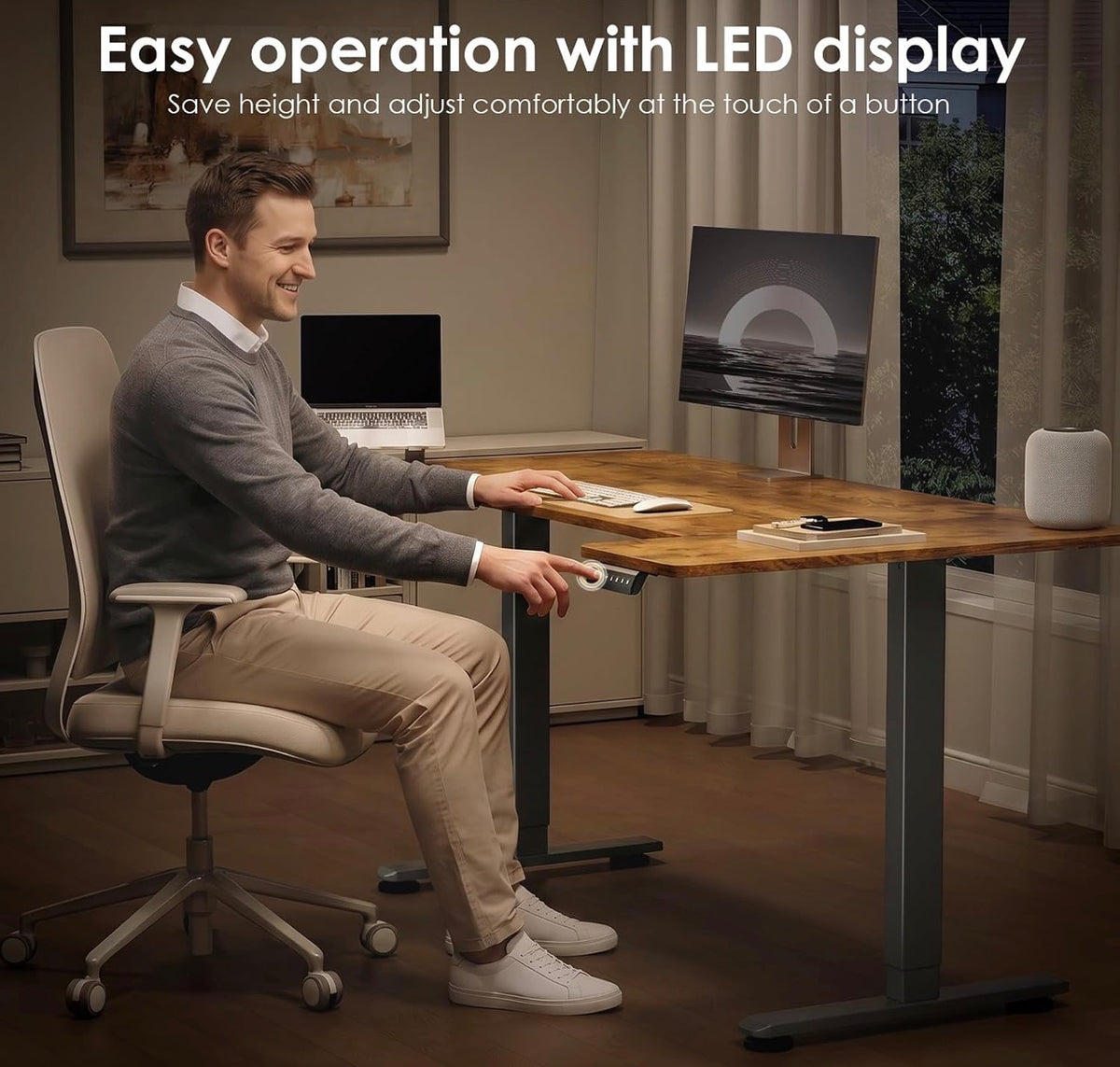 140×70cm Electric Sit Stand Desk, Ergonomic Wrap Around Computer Table, Ultra Quiet Motor for Home Office Living Room, Brown