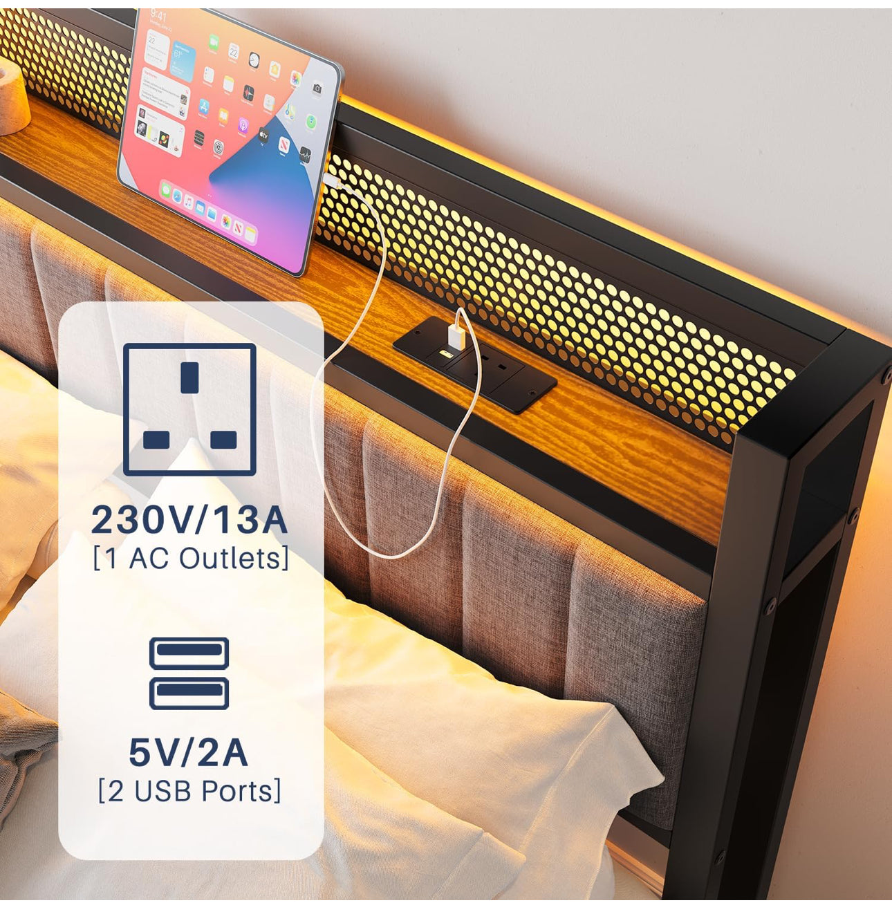 4ft6 Upholstered Bed Frame Double Bed with Charging Station