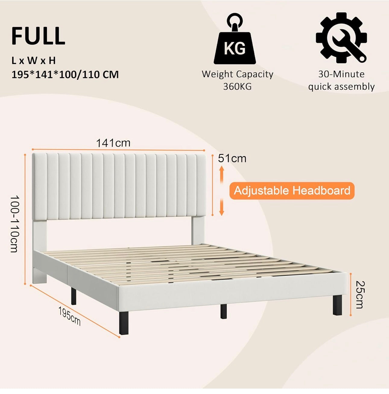 4ft6 Double Bed Frame, Upholstered Platform Bed with Adjustable Velvet Headboard, Sturdy Wooden Slats, Silent Design, No Spring Mattress Required, Easy Assembly （Beige,Double）