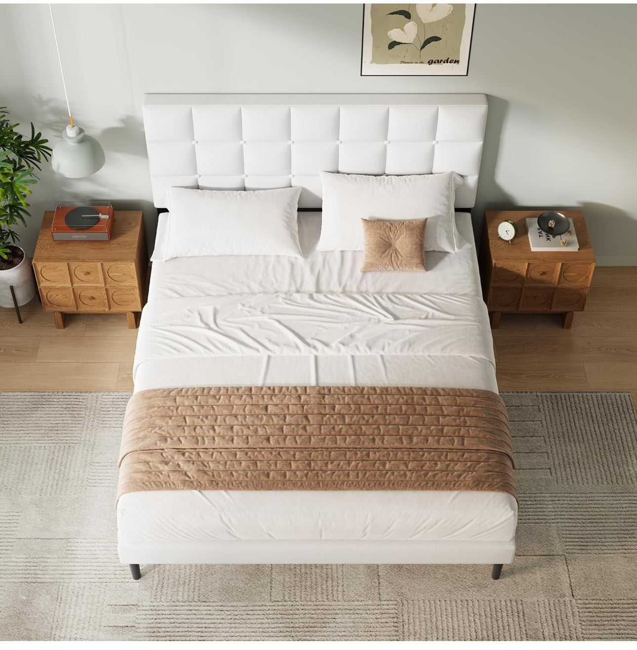 King Bed Frame, Easy Assembly, Sturdy Wooden Slat Support, Upholstered Platform with Headboard