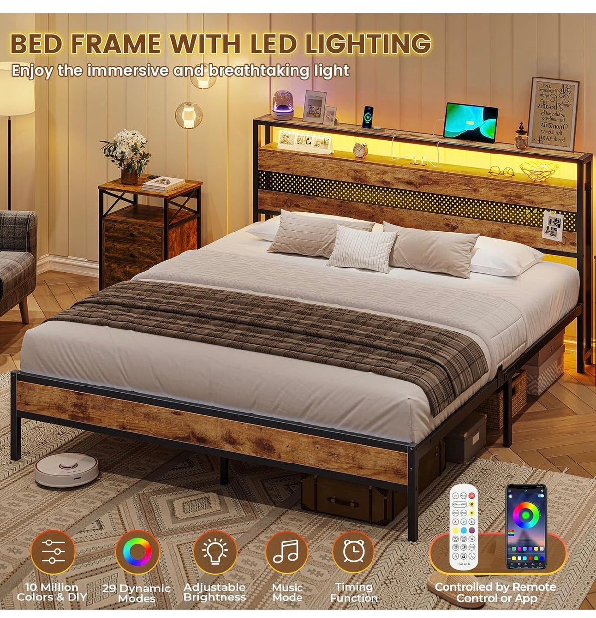 4ft6 Double Bed Frame with Wooden Headboard, Metal Platform Bed Frame with LED Lights and Charging Station,Sturdy Metal Slats Support, UnderBed Storage,Easy Assemble,No Mattress (Double-135x190cm)