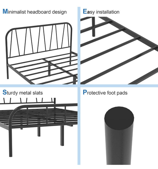 Double Bed Frame, Solid Metal Bed Frame, Modern Platform Bed with High Headboard & Footboard